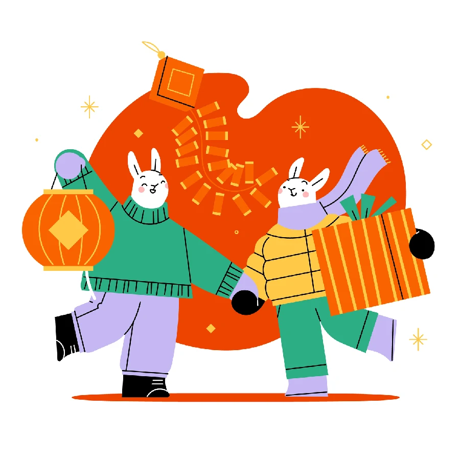 潮流趣味卡通可爱兔子兔年新年春节插画banner海报AI矢量设计素材【001】